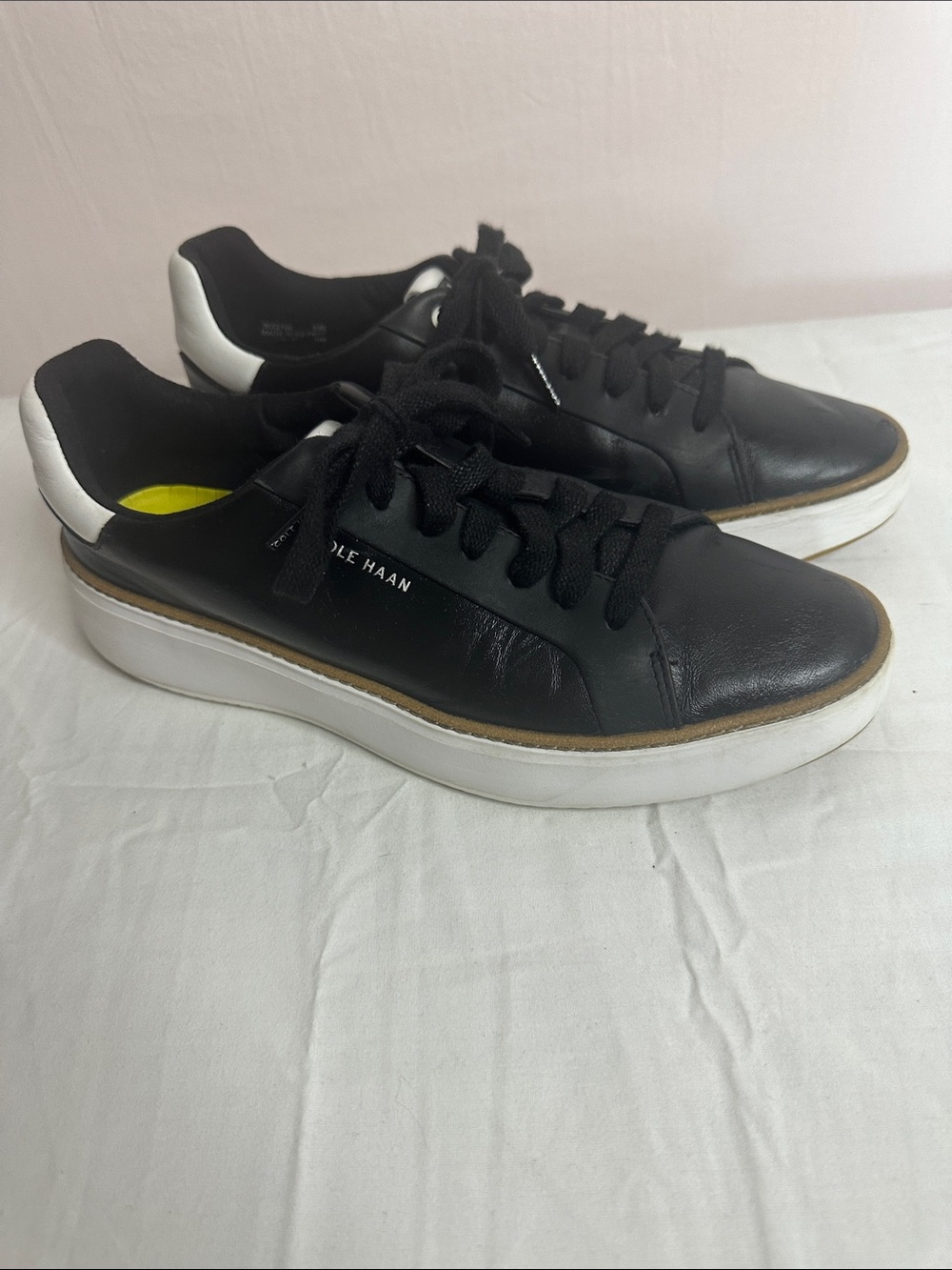 Cole Haan Black Leather Platform Lace-Up Sneakers with White Sole